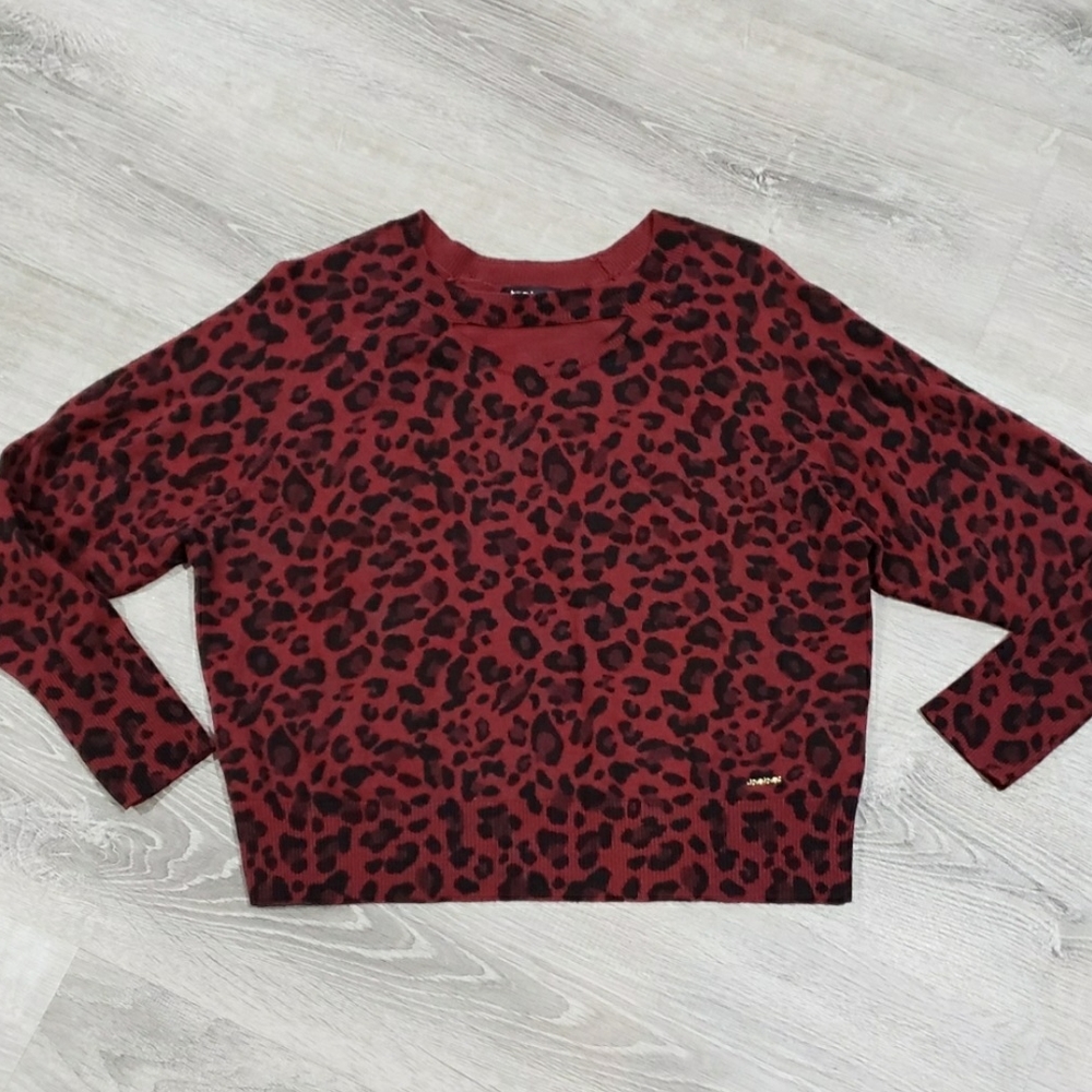 Bebe Red Leopard Print Sweater Ruby Red Black Key… - image 6